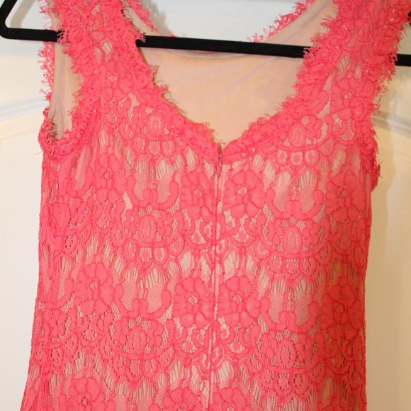 Betsy & Adam Coral/Nude Lace Gown - Picture 6 of 7